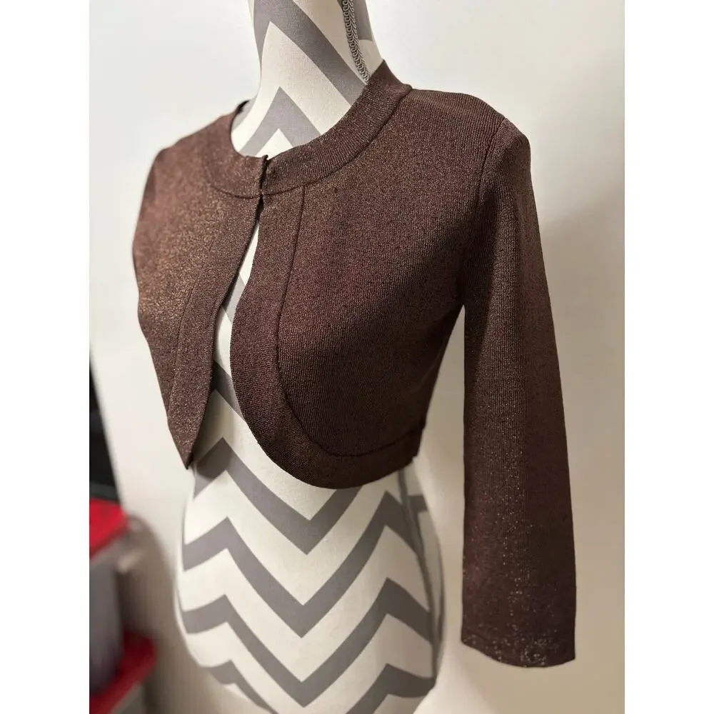 Michelle Antonelli Silk Blend Metallic Bolero Shrug Brown Gold Shimmer Small - Picture 3 of 14